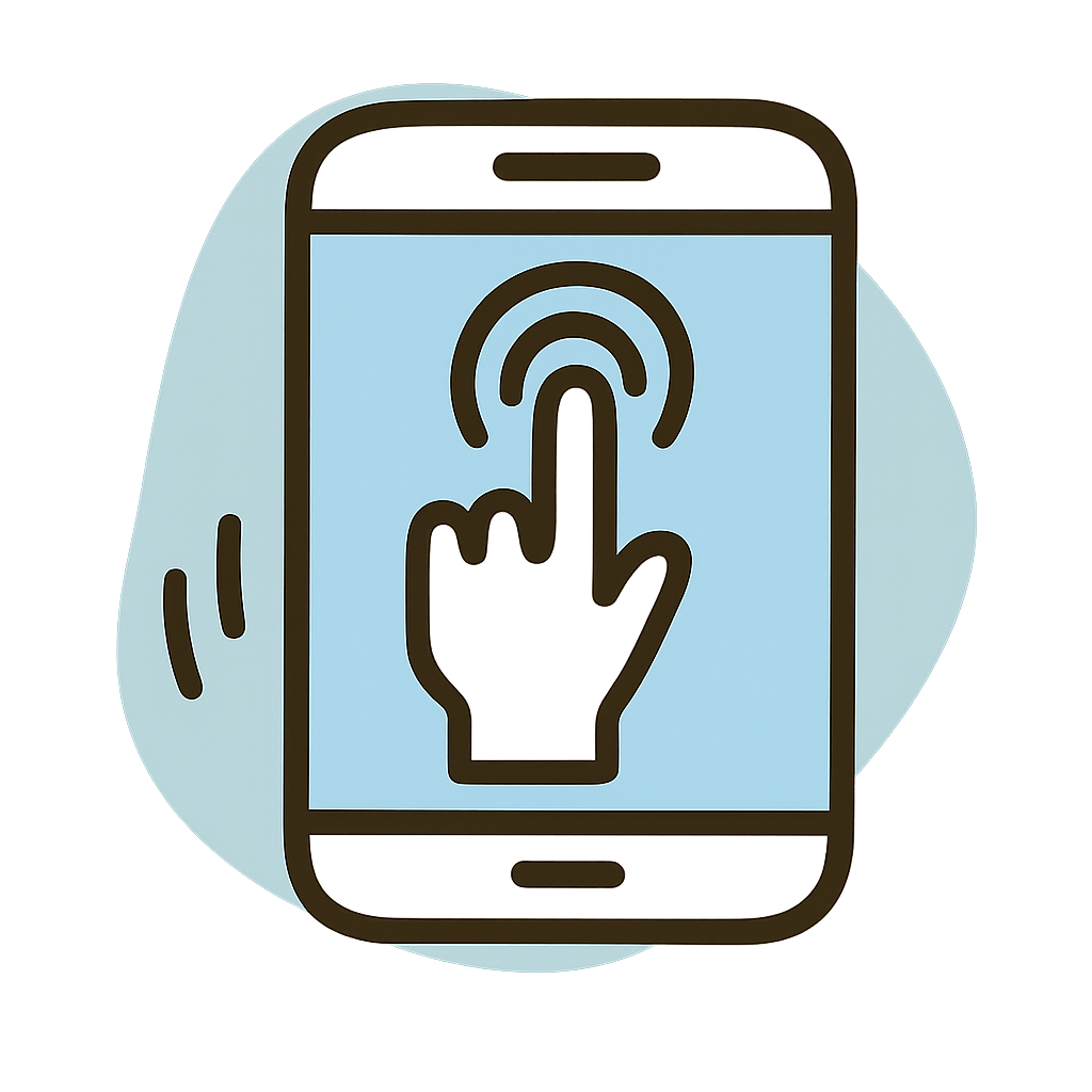 Ícono de experiencia de usuario: mano tocando una pantalla de smartphone, representa usabilidad y diseño UX/UI.