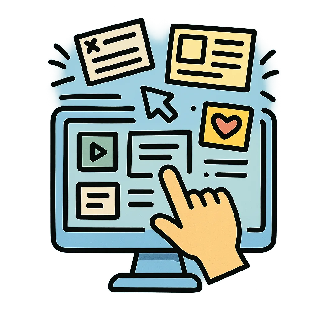 Icono doodle de experiencia de usuario con wireframes flotantes y diseño de interfaz