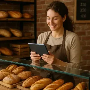 Panadería utilizando un catálogo en línea para negocios locales en una tablet.