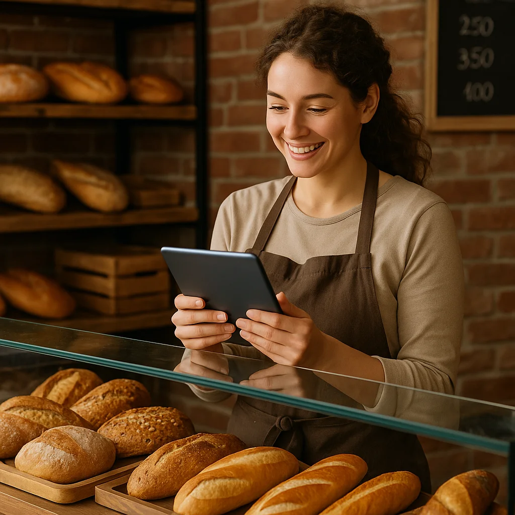 Panadería utilizando un catálogo en línea para negocios locales en una tablet.