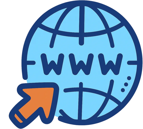 Icono de globo terráqueo con cursor y letras www que representa presencia digital